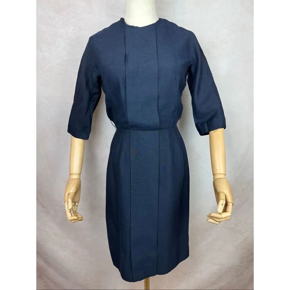 Vintage 1950s Navy Blue Wiggle Dress Size Small MCM Pinup Mad Men Secretary